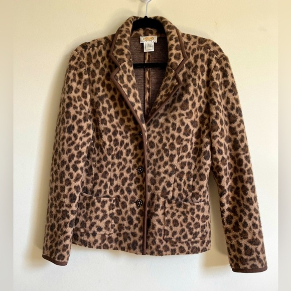 Talbots Leopard Print Merino Wool Long Sleeve Bling Button Blazer/Jacket Sz PL - Picture 1 of 13